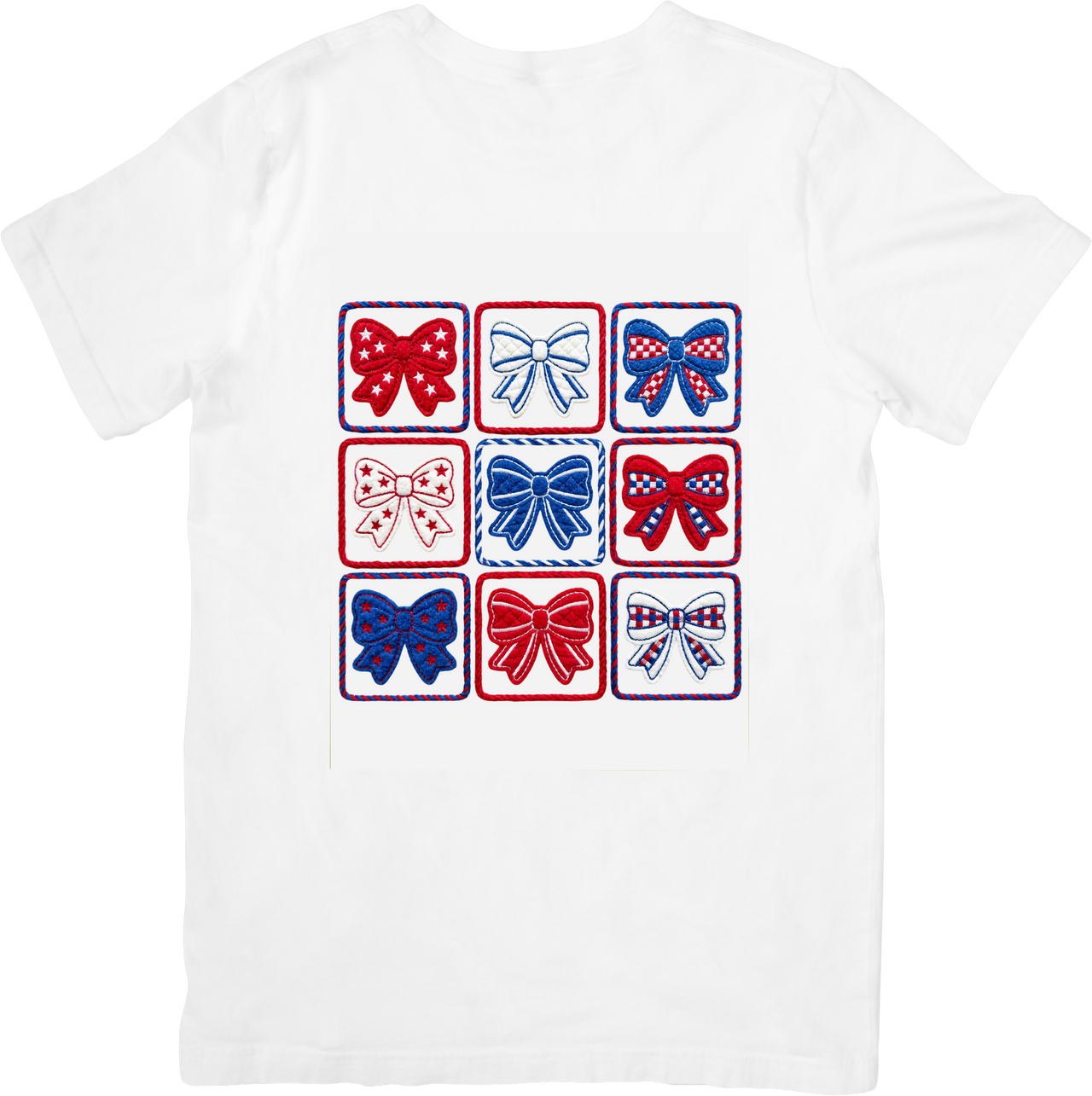 Patriotic Bows Grid T-Shirt | Cute Red White Blue Graphic Tee | Fourth Of July Gift