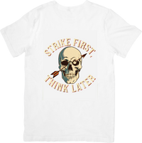 Thumbnail for Strike First Think Later Skull T-Shirt | Vintage Edgy Graphic Tee | Rebel Gift